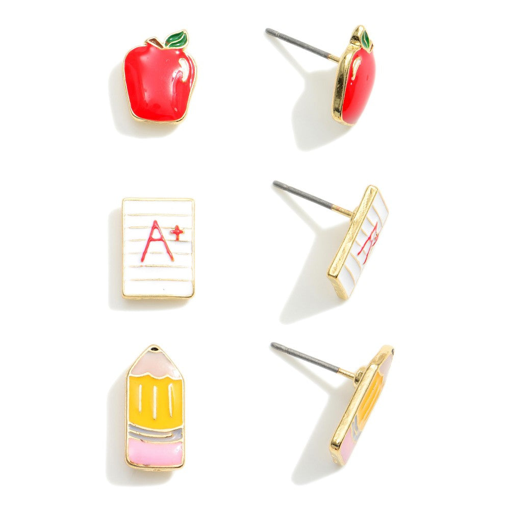 Back To School Studded Earrings (Set of 3-Apple,Report Card and Pencil Studs