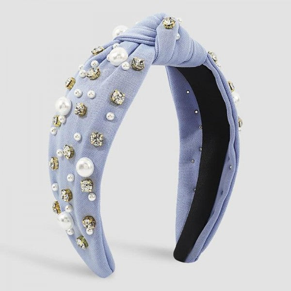 Solid Knotted Headband with Rhinestone and Pearl Details