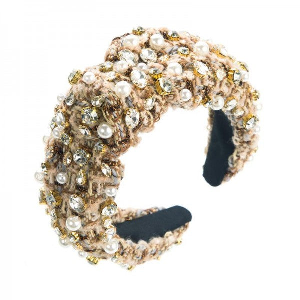 Rhinestone and Pearl Beaded Knit Headband