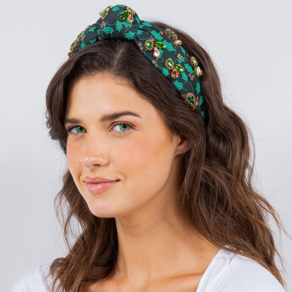 Christmas Holly Printed Top Knot Headband - 715445