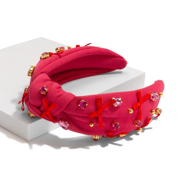Rhinestone Studded Knotted Headband With Bow Accents