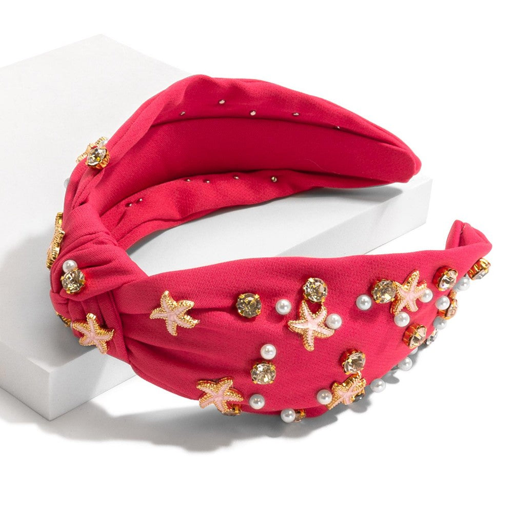 Starfish Rhinestone & Pearl Studded Knotted Headband (Multi Colors Available)
