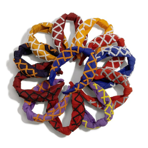 "Nothing But Net!" Game Day Seed Beaded Hollow Checkered Knotted Headband