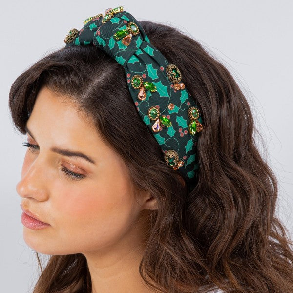Christmas Holly Printed Top Knot Headband Green - 715447
